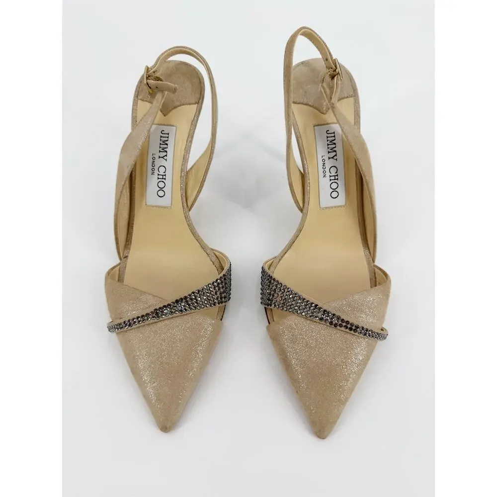 Jimmy Choo Desai Shimmer Beige Crystal Pointed Toe Slingback Pump Heels 37